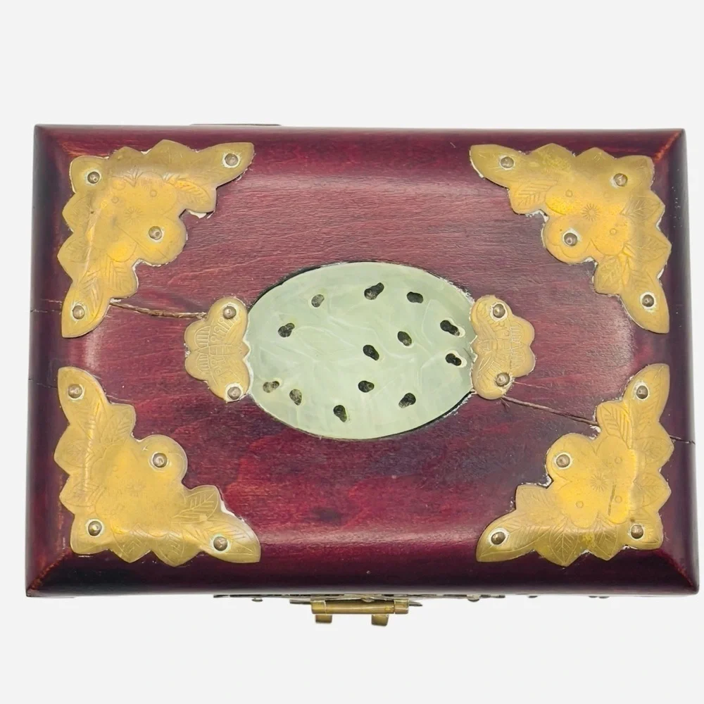 Vintage Wood & Brass Shanghai Chinese Jade Inlay Jewelry Box 5.25